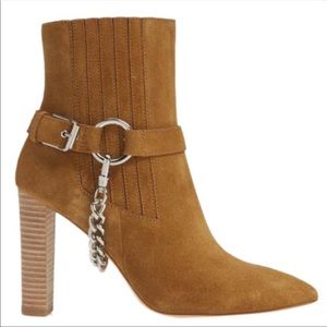 Paige London tan suede booties with chain accent